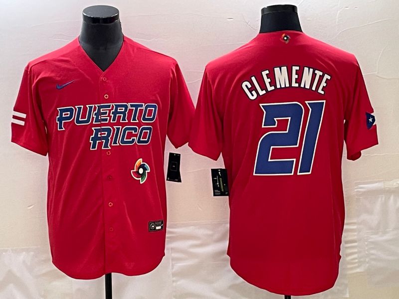Men 2023 World Cub Puerto Rico #21 Clemente Red Nike MLB Jersey1